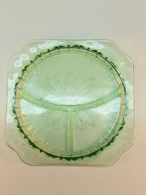 Green Adam Pattern Depression Glass Divided Serving or Grill Plate.